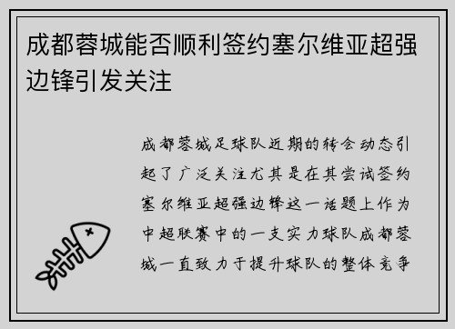 成都蓉城能否顺利签约塞尔维亚超强边锋引发关注